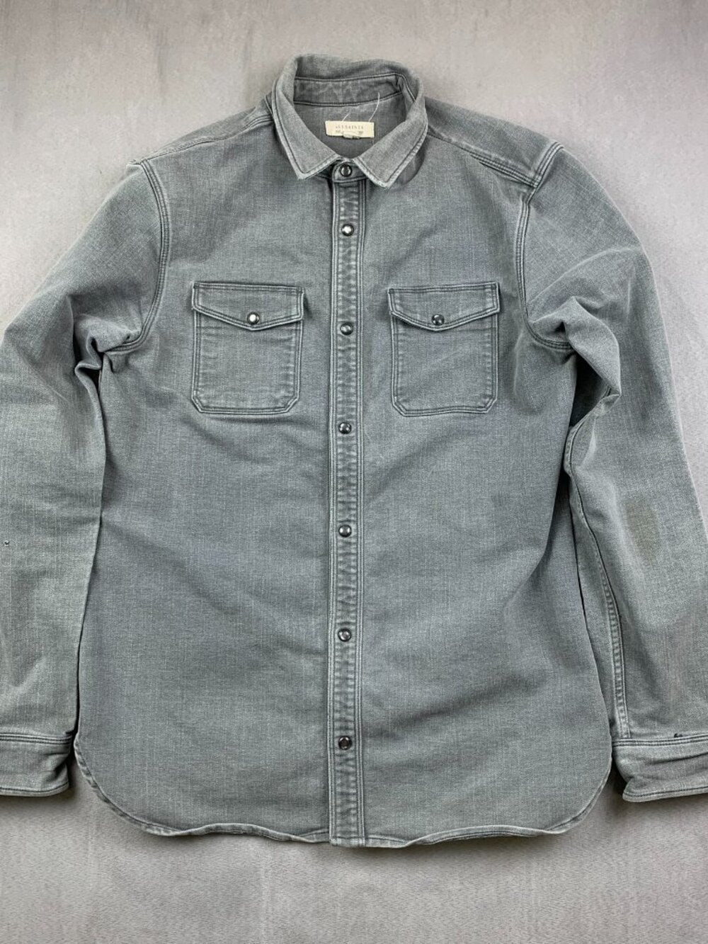 AllSaints Mens Shirt Large Gray Denim Snap Button Up Long Sleeve Reverse LS